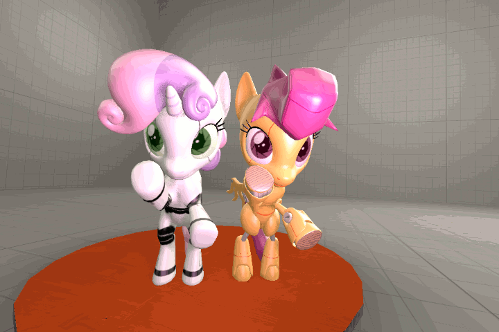 Size: 720x480 | Tagged: safe, artist:fillerartist, derpibooru import, edit, scootaloo, sweetie belle, pegasus, pony, robot, robot pony, unicorn, 3d, animated, dancing, duo, error, female, filly, foal, gif, hooves, horn, robot (dance), scootabot, source filmmaker, sweetie bot, test