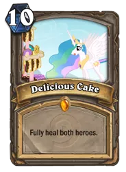 Size: 400x543 | Tagged: safe, derpibooru import, screencap, princess celestia, pony, cake, cakelestia, card, food, hearthstone, meta, solo, warcraft