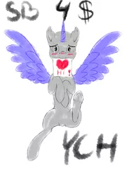 Size: 3429x4737 | Tagged: safe, artist:heniek, derpibooru import, blushing, commission, cute, heart, hooves, horn, solo, wings, your character here