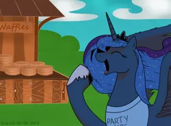 Size: 1024x757 | Tagged: artist:soanos, derpibooru import, food, magic shirt, princess luna, safe, spoiler:comic09, style emulation, waffle