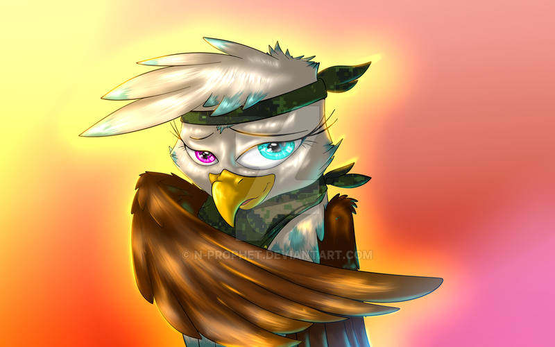 Size: 1024x640 | Tagged: safe, artist:n-prophet, derpibooru import, oc, oc:charlene, unofficial characters only, gryphon, bandana, bedroom eyes, clothes, cute, heterochromia, scarf, solo