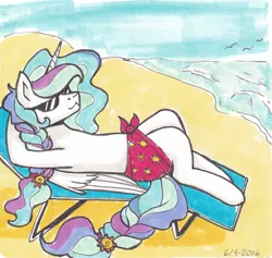 Size: 400x379 | Tagged: :3, artist:nothingspecialx9, beach, beach chair, braid, braided tail, derpibooru import, newbie artist training grounds, princess celestia, safe, sarong, solo, sunbathing, sunglasses, traditional art