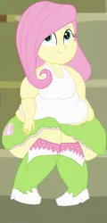 Size: 969x2025 | Tagged: safe, artist:lupin quill, derpibooru import, fluttershy, human, equestria girls, bbw, bingo wings, fat, fattershy, image, muffin top, obese, png, scene interpretation, sitting, solo, wide hips