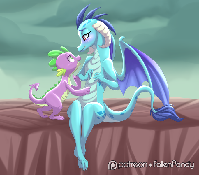 Size: 2278x2000 | Tagged: artist:falleninthedark, artist:stepandy, bedroom eyes, blushing, cute, derpibooru import, dragon, emberspike, female, gauntlet of fire, looking at each other, male, patreon, patreon logo, princess ember, safe, shipping, smiling, spike