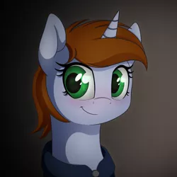 Size: 1024x1024 | Tagged: source needed, safe, artist:allyster-black, derpibooru import, oc, oc:littlepip, unofficial characters only, pony, unicorn, fallout equestria, fanfic, blushing, bust, clothes, cute, fanfic art, female, gradient background, horn, mare, pipabetes, portrait, smiling, solo, vault suit