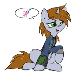 Size: 676x694 | Tagged: suggestive, artist:hioshiru, derpibooru import, edit, oc, oc:littlepip, unofficial characters only, pony, unicorn, fallout equestria, fanfic, bisexual, bisexuality, blushing, cheek fluff, clothes, cute, fanfic art, female, flirting, fluffy, hooves, horn, littlepip's suggestions, mare, open mouth, pictogram, pipbuck, simple background, solo, solo female, vault suit, white background
