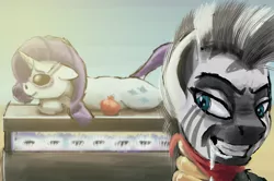 Size: 800x531 | Tagged: safe, artist:sa1ntmax, derpibooru import, rarity, zecora, pony, unicorn, zebra, cooked alive, cooking, female, hungry, implied cannibalism, mare, pony as food, this will end in pain