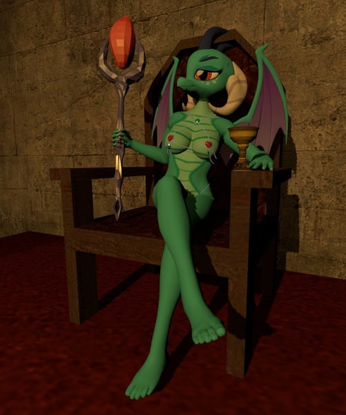 Size: 890x1066 | Tagged: 3d, anthro, artist:kingdude84, barefoot, bloodstone scepter, breasts, busty princess ember, derpibooru import, dragon, dragon lord ember, feet, female, jewelry, plantigrade anthro, princess ember, queen, questionable, source filmmaker, throne