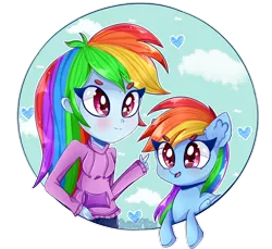 Size: 1024x938 | Tagged: safe, artist:vixelzf, derpibooru import, rainbow dash, equestria girls, clothes, colored pupils, cute, dashabetes, heart, hoodie, human ponidox, open mouth, pants, self ponidox, smiling, solo