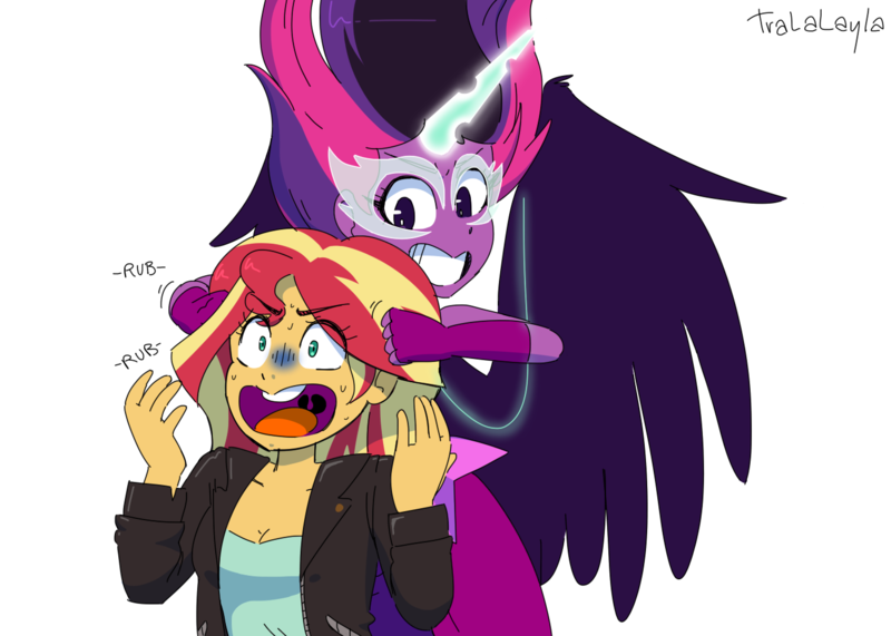 Size: 1400x1000 | Tagged: safe, artist:tralalayla, derpibooru import, sci-twi, sunset shimmer, twilight sparkle, fanfic, equestria girls, cute, duo, fanfic art, grin, midnight sparkle, midnightabetes, mischief, noogie, pure unfiltered evil, smiling