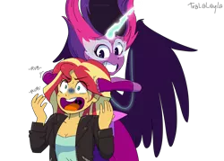 Size: 1400x1000 | Tagged: safe, artist:tralalayla, derpibooru import, sci-twi, sunset shimmer, twilight sparkle, fanfic, equestria girls, cute, duo, fanfic art, grin, midnight sparkle, midnightabetes, mischief, noogie, pure unfiltered evil, smiling