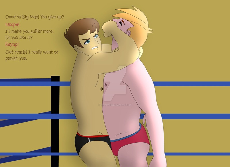 Size: 1600x1163 | Tagged: suggestive, artist:supermaxx92, derpibooru import, big macintosh, teddy t. touchdown, equestria girls, bare chest, clothes, fight, gay, kiss of death, male, sexy, speedo, topless, watermark, wrestling