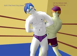 Size: 1600x1163 | Tagged: suggestive, artist:supermaxx92, derpibooru import, coach rommel, shining armor, equestria girls, alumnus shining armor, bare chest, clothes, coach, fight, gay, male, speedo, topless, watermark, wrestling