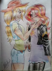 Size: 532x720 | Tagged: suggestive, artist:aspirantedeartista, derpibooru import, applejack, sunset shimmer, equestria girls, appleshimmer, blushing, canterlot high, clothes, denim skirt, dress, female, females only, imminent kissing, imminent sex, lesbian, midriff, shipping, skirt, smiling, traditional art, undressing