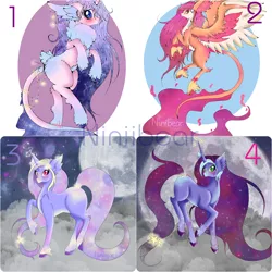 Size: 1000x1000 | Tagged: safe, artist:niniibear, derpibooru import, oc, unofficial characters only, pegasus, pony, unicorn, adoptable, blue, cloud, cute, dark, fluffy, food, furry, galaxy, galaxy ponies, improvement, light, moon, night, orange, pink, purple, semi open species, solo, species, stars, sweet, wings, yellow