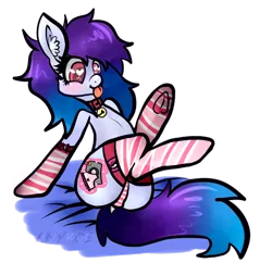Size: 900x871 | Tagged: artist:anykoe, bell collar, clothes, collar, derpibooru import, oc, oc:anykoe, panties, socks, solo, striped socks, striped underwear, suggestive, underwear, unofficial characters only