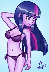 Size: 300x445 | Tagged: suggestive, artist:howlsinthedistance, derpibooru import, twilight sparkle, equestria girls, belly button, bikini, breasts, busty twilight sparkle, cleavage, clothes, female, solo, solo female, swimsuit