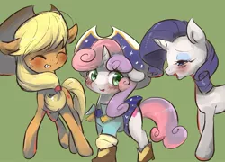 Size: 1953x1403 | Tagged: safe, artist:yajima, derpibooru import, applejack, rarity, sweetie belle, earth pony, pony, unicorn, on your marks, blushing, boots, clothes, cow belle, cowboy boots, cowboy hat, eyes closed, female, filly, freckles, hat, mare, open mouth, shoes, simple background, sisters, smiling