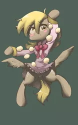 Size: 1200x1920 | Tagged: safe, artist:yajima, derpibooru import, derpy hooves, pegasus, pony, blushing, butt wings, clothes, dress, female, mare, neck bow, pose, ribbon, simple background, solo