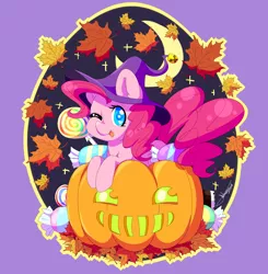 Size: 1280x1306 | Tagged: dead source, safe, artist:fatcakes, derpibooru import, pinkie pie, earth pony, pony, candy, colored pupils, ear fluff, female, food, halloween, hat, heart eyes, holiday, jack-o-lantern, leaves, one eye closed, pumpkin, shirt design, solo, tongue out, wingding eyes, wink, witch hat