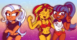 Size: 3452x1794 | Tagged: suggestive, artist:rray-xd, derpibooru import, sonata dusk, sunset shimmer, trixie, equestria girls, american football, bikini, breasts, carolina panthers, clothes, denver broncos, female, females only, midriff, nfl, super bowl, super bowl 50, swimsuit