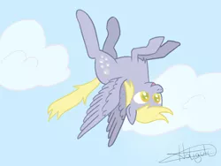 Size: 1417x1063 | Tagged: safe, artist:aurumluxetal, derpibooru import, derpy hooves, pegasus, pony, female, flying, mare, signature, solo, upside down