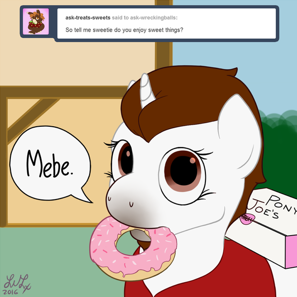 Size: 1024x1024 | Tagged: safe, artist:webster, derpibooru import, oc, oc:wrecking ball, unofficial characters only, pony, unicorn, clothes, donut, eyelashes, food, question and answer, solo, sprinkles, vest