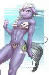 Size: 1663x2550 | Tagged: abs, angry, anthro, artist:mykegreywolf, belly button, bikini, blushing, breasts, clenched fist, clothes, cross-popping veins, derpibooru import, embarrassed, female, fist, floppy ears, frilled swimsuit, liftstone pump, limestone pie, limetsun pie, looking at you, muscles, side-tie bikini, signature, snorting, solo, solo female, suggestive, swimsuit, this will end in pain, tsundere, unamused, white swimsuit