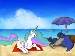 Size: 1024x768 | Tagged: artist:soanos, beach, beach umbrella, chest, derpibooru import, drink, magic, ocean, princess celestia, princess luna, safe, telekinesis