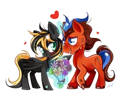 Size: 1400x1094 | Tagged: safe, artist:ipun, derpibooru import, oc, unofficial characters only, pegasus, pony, unicorn, blushing, bouquet, female, flower, heart, heart eyes, male, mare, shipping, simple background, starry eyes, straight, transparent background, wingding eyes