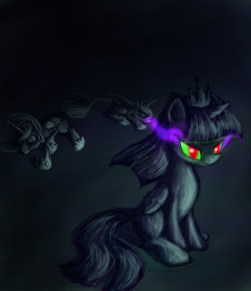 Size: 1037x1200 | Tagged: safe, artist:rainspeak, derpibooru import, princess celestia, princess luna, twilight sparkle, twilight sparkle (alicorn), alicorn, pony, betrayal, corrupted, corrupted twilight sparkle, dark magic, magic, regicide, sombra eyes, tyrant sparkle