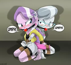 Size: 941x864 | Tagged: semi-grimdark, suggestive, artist:gaggeddude32, derpibooru import, diamond tiara, silver spoon, equestria girls, arm behind back, back to back, ballgag, barefoot, bondage, bound together, braided ponytail, chains, clothes, commission, compression shorts, dialogue, exclamation point, feet, gag, glasses, kidnapped, knee tied, muffled moaning, ponytail, ropes, shackles, shorts, skirt, tied up, unhappy bondage
