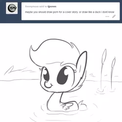 Size: 1280x1280 | Tagged: safe, artist:tjpones, derpibooru import, scootaloo, pegasus, pony, :t, behaving like a bird, behaving like a duck, black and white, cute, cutealoo, grayscale, monochrome, pegaduck, smiling, solo, tumblr