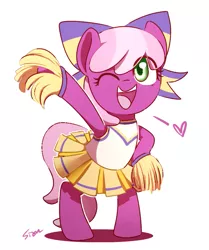 Size: 727x868 | Tagged: safe, artist:sion, derpibooru import, cheerilee, pony, the cart before the ponies, bipedal, bow, cheeribetes, cheerileeder, cheerleader, clothes, cute, hair bow, one eye closed, open mouth, pleated skirt, pom pom, skirt, solo, wink