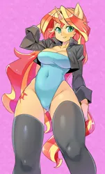 Size: 1200x1988 | Tagged: anthro, arm behind head, artist:shepherd0821, belly button, breasts, busty sunset shimmer, clothes, curvy, derpibooru import, equestria girls ponified, female, jacket, leather jacket, looking at you, one-piece swimsuit, ponified, seductive look, sexy, socks, solo, solo female, stockings, stupid sexy sunset shimmer, suggestive, sunset shimmer, swimsuit, thigh highs, thighs, underass