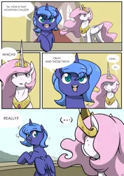 Size: 4961x6992 | Tagged: safe, artist:lrusu, derpibooru import, princess celestia, princess luna, pony, absurd resolution, bipedal, bipedal leaning, cewestia, comic, cute, filly, jewelry, necklace, pink-mane celestia, who's on first?, woona