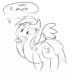 Size: 1024x1024 | Tagged: artist:thegalen, chubby, cupcake, derpibooru import, food, monochrome, rainbow dash, safe, sketch, solo