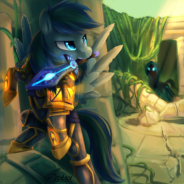 Size: 2000x2000 | Tagged: armor, artist:jedayskayvoker, crepuscular rays, crossover, derpibooru import, fantasy class, glowing eyes, knight, monster, mouth hold, paladin, rainbow dash, rearing, ruins, safe, sword, warcraft, warrior, weapon, world of warcraft