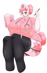 Size: 2146x3318 | Tagged: suggestive, artist:braffy, derpibooru import, nurse redheart, anthro, unguligrade anthro, bbw, bedroom eyes, big breasts, blushing, breasts, busty nurse redheart, clothes, fat, female, garters, huge breasts, looking at you, nurse roundheart, pencil, small head, solo, solo female, stethoscope, stockings, tongue out, underass