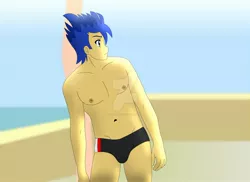 Size: 1600x1163 | Tagged: suggestive, artist:supermaxx92, derpibooru import, flash sentry, equestria girls, bare chest, beach, clothes, male, nudity, rocker, sexy, solo, solo male, speedo, underwear, watermark