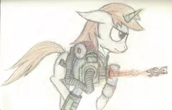 Size: 3464x2213 | Tagged: safe, artist:frostspear, derpibooru import, oc, oc:littlepip, unofficial characters only, pony, unicorn, fallout equestria, fanfic, clothes, fallout 3, fallout 4, fanfic art, female, floppy ears, glowing horn, gun, hooves, horn, magic, mare, pipbuck, running, simple background, solo, teddy bear, telekinesis, traditional art, vault suit, weapon, white background