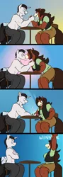 Size: 1000x2800 | Tagged: anthro, arm wrestling, artist:goat train, barely pony related, cheating, clothes, clydesdale, comic, derpibooru import, horse, kissing, oc, oc:hot rod, oc:tina belamonte, partial nudity, safe, topless, unofficial characters only