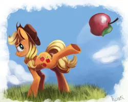 Size: 2000x1600 | Tagged: apple, applejack, artist:insanerobocat, buckball, buckball season, derpibooru import, female, food, kicking, plot, safe, solo, underhoof