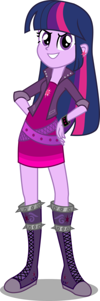 Size: 1790x5378 | Tagged: safe, artist:anhel032015, derpibooru import, twilight sparkle, twilight sparkle (alicorn), equestria girls, absurd resolution, alternate universe, bad, boots, bracelet, clothes, evil, evil grin, female, flash puppet, grin, jacket, jewelry, looking at you, shoes, skirt, smiling, solo, spikes