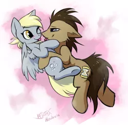 Size: 1074x1056 | Tagged: safe, artist:hioshiru, artist:kejifox, derpibooru import, derpy hooves, doctor whooves, time turner, earth pony, pegasus, pony, abstract background, blushing, collaboration, cuddling, cute, derpabetes, doctorbetes, doctorderpy, female, floppy ears, male, mare, profile, shipping, signature, silly, snuggling, stallion, straight, tongue out