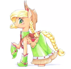 Size: 1200x1159 | Tagged: applejack, artist:hashioaryut, clothes, derpibooru import, dress, gala dress, profile, raised hoof, safe, simple background, solo, traditional art, white background