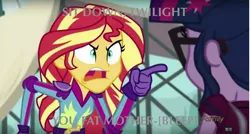 Size: 1280x687 | Tagged: safe, derpibooru import, edit, edited screencap, screencap, sci-twi, sunset shimmer, twilight sparkle, equestria girls, friendship games, caption, censored dialogue, font issues, hamilton, meme, sit down john, sunset yells at twilight, the adams administration