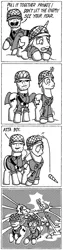 Size: 800x3200 | Tagged: safe, artist:billneigh, derpibooru import, pony, unicorn, black and white, comic, cowering, detachable horn, fear, grayscale, horn, laser, misfire, monochrome, nervous, soldier, team fortress 2, war