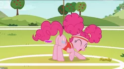 Size: 888x499 | Tagged: bottomless, buckball season, clothes, derpibooru import, edit, edited screencap, fart, fart edit, fart noise, female, onomatopoeia, partial nudity, pinkie pie, pinktails pie, plot, safe, screencap, solo, sound effects, text