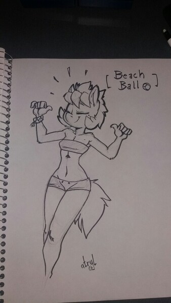 Size: 720x1280 | Tagged: safe, artist:atryl, derpibooru import, oc, oc:beach ball, unofficial characters only, anthro, monochrome, smiling, solo, traditional art